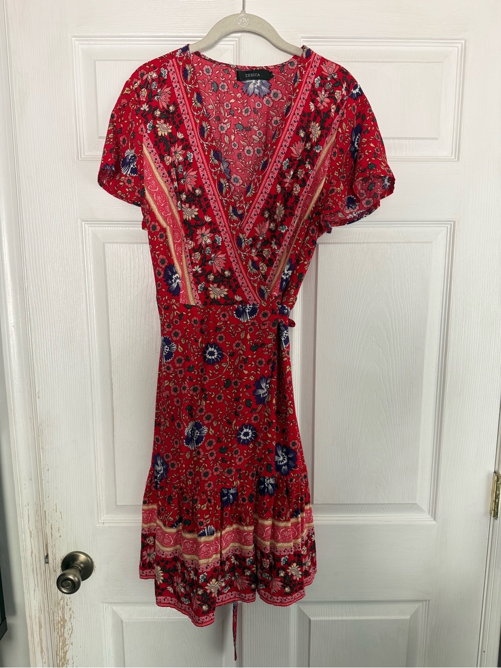 Zac & Rachel Red Floral Wrap Dress with Blue Accents